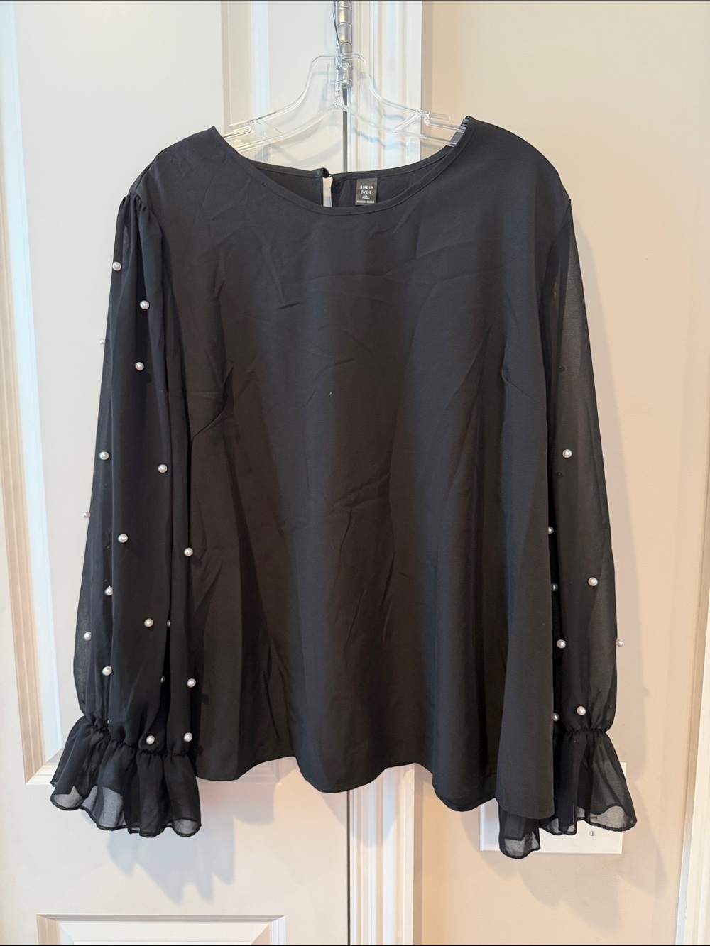 SHEIN Black Pearl-Embellished Sheer Sleeve Blouse